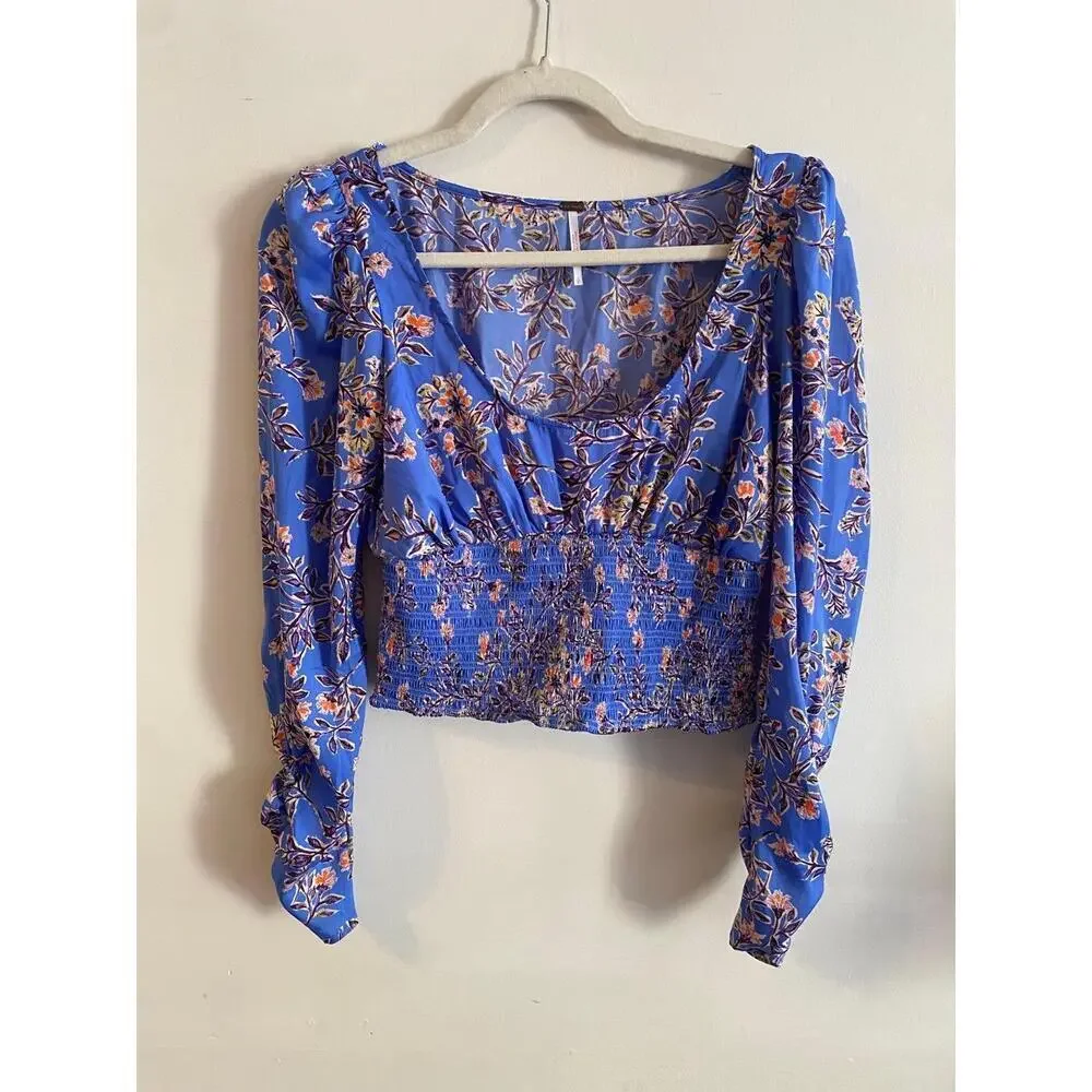 Free People Blue Floral Print Square Neckline Cropped Blouse Size Small
